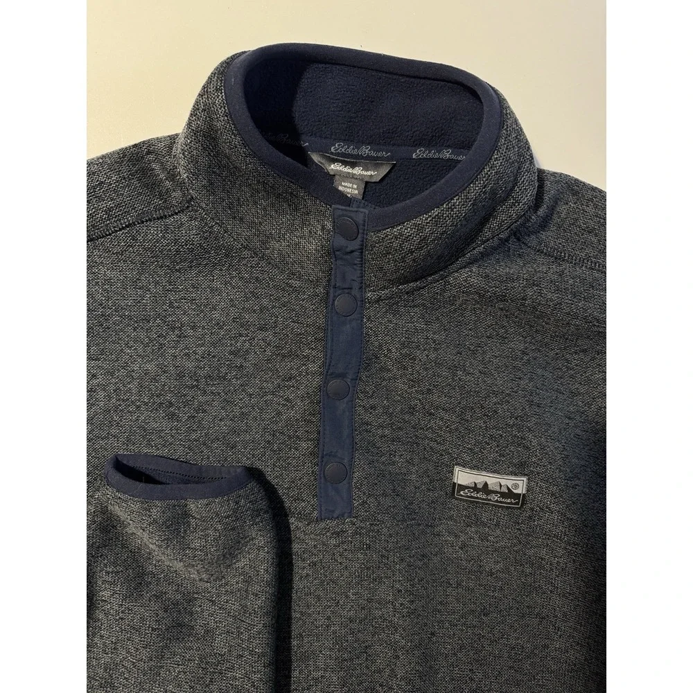 Eddie Bauer Sweater Fleece Men's Heather Navy Long‎ Sleeve Pullover Snap Large